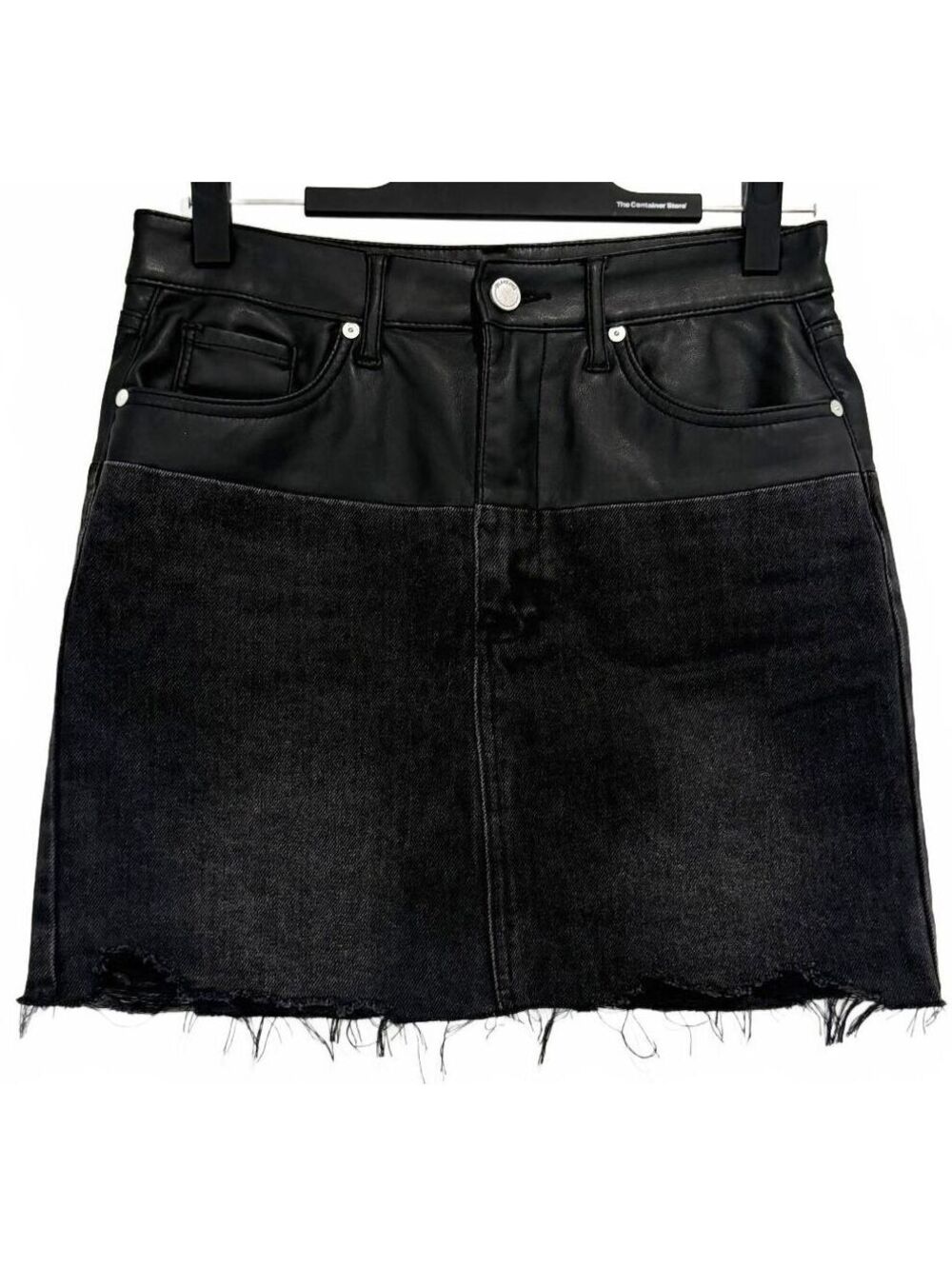 BlankNYC Twist of Fate Black Denim Faux Leather Mini Skirt Raw Hem 27